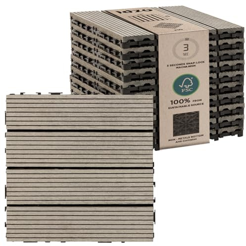 IDZO Wood Plastic Composite Deck Tiles Set of 10, Sustainable FSC Composite Decking Resist Rust, Water, Weather, Easy to DIY & Maintain, Ideal for Patios, Balconies, Rooftops, Decks - Grey