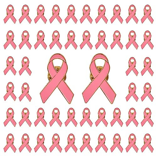 WANDIC 50 PCS Octobre Rose Pins, Broche Ruban Rose Épingles à de Sensibilisation au Cancer du Sein Badges Métal de Fond Doré avec Boucle Papillon pour L'Événement Caritatif de Santé de la Femme