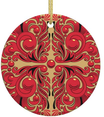 Weihnachtsschmuck Russische Kunst Muster Gedruckt Runde Keramik Ornamente Handwerk Weihnachtsbaum Keramik Hängende Weihnachtsbaum Dekorationen Für Zuhause Innen Außen Urlaub Dekor