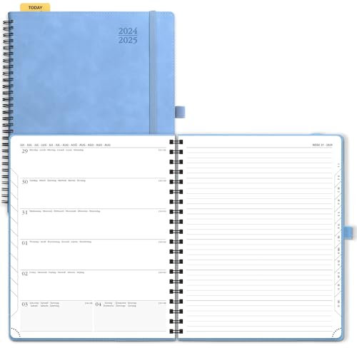 POPRUN Kalender 2025 Buchkalender A4 Notizbuch (Aug.2024-Dez.2025), ca. A4 (26,5 x 21,5 cm), Terminplaner, Wochenplaner 2025 Ringbuch mit Softcover, Zertifiziertem Papier - Cyanblau