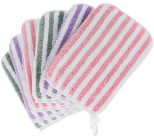 PHOGARY 6 Gant de Toilette Taille 13x20 cm en Toison de Corail, Rayures Gants de Douche Serviette de Bain, Absorbant Doux Gants Démaquillants Réutilisables