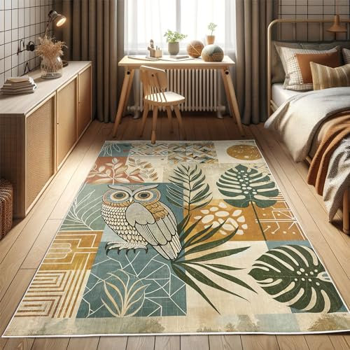 ABAKUHAUS Mitte des Jahrhunderts Dekorativer Teppich, Tropische Blätter Eule, Hochwertiger Flächenteppich für Schlafzimmer und Wohnzimmer, 60x152 cm, Jadegrün Bernstein