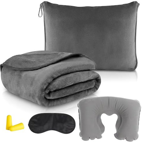 Couverture de voyage avion - Coussin de transformation 2 en 1 - Avec taie d'oreiller et bouchons d'oreilles - Couverture douce et chaude - Pour les vacances, le bureau, la maison, les voyages