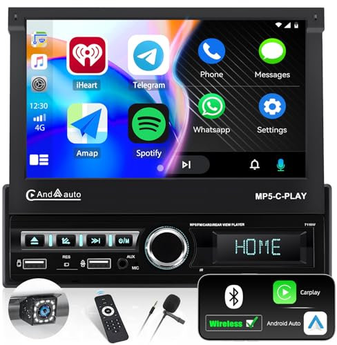 CAMECHO Autoradio 1 Din Navi mit Wireless Carplay & Android Auto, 7 Zoll Motorisch Ausfahrbarem Bildschirm Touch Display Auto Radio mit Mirror Link Bluetooth FM EQ USB AUX SWC Rückfahrkamera+MIC