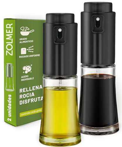 ZOLMER® Ölsprüher für Speiseöl 2er Set – ölspray für heißluftfritteuse, Küche, Kochen & Grill – öl sprühflasche glas und Edelstahl – BPA-frei, nachfüllbar, fein sprühend