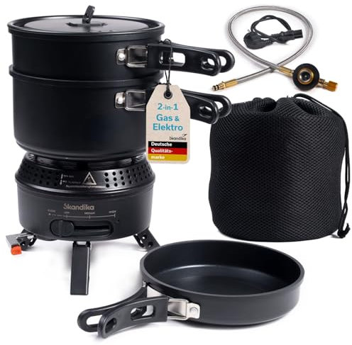 Skandika Réchaud de camping Rask | Fonctionne à l'électricité ou au gaz, allumage piézoélectrique, set avec casserole, poêle, sac | Réchaud à gaz, électrique, plein air, portable