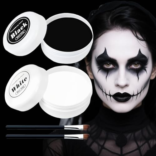 Halloween Karneval Schminke Schwarz Weiß, 100g Theaterschminke Schwarz Weiß für Profi Looks, Halloween Make Up Set für Erwachsene & Kinder, Skelett, Vampir, Clown, Fasching Schminke