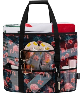 Strandtasche XXL Familie Badetasche mit Reißverschluss Shopper Tasche Groß | Mesh, Sanddicht, Faltbare, mit Fächern, für Damen Herren, Shopper Tasche, Schwimmtasche, Strand Must Haves