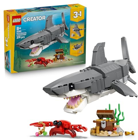 LEGO Creator 3en1 Feroz Tiburón con Cofre del Tesoro de Juguete - Figuras de Animales Marinos Pez Abisal o Mantarraya - Decoración para el Dormitorio - Regalo para Niños y Niñas de 8+ Años - 31381