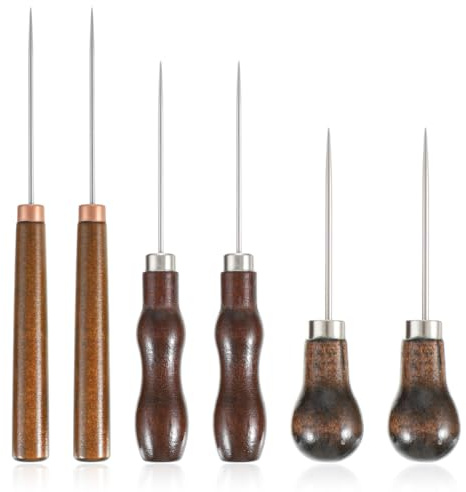 CIATBYYJ 6-Teilige Ahle Werkzeug,Vorstecher mit Holzgriff,3 Größen Prickelnadel Ahle,Leder Nähen Vorstecher,zum Stanzen, Nähen, Heimwerken, Leder Werkzeug, Reparieren