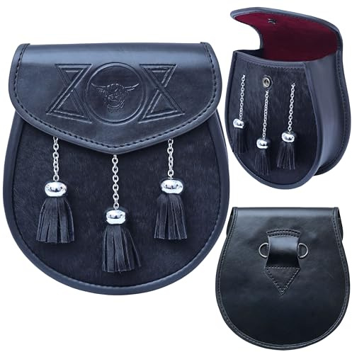 Kilt Sporran semi-robe – Sporrans en cuir noir de qualité supérieure avec ceinture en chaîne et pompons – Accessoire de jour traditionnel écossais écossais pour homme