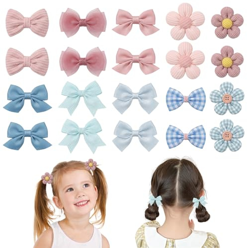 Set di 20 Elastici per Capelli Bambina, Assortiti tra Fiocchi e Fiori, Elastici Morbidi in Tessuto Senza Metallo, Ideale per Treccine e Code, Rosa e Blu - Accessori Capelli Ragazze e Neonate