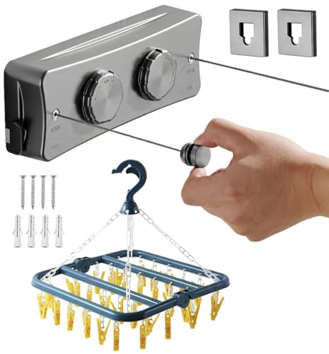 LIRIF ®️ Pack Tendedero Retractil Pared Doble Cuerda 5.1M Cada una Acero Inoxidable + Perchero 32 Pinzas | Tendedero Extensible Pared Interior y Exterior | Intalacion con Tornillos | Color Gris