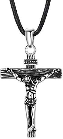 U7 Religious Jewellery INRI Cross Pendant Black Wax Rope Jesus Sterling Silver Crucifix Necklace For Men Women
