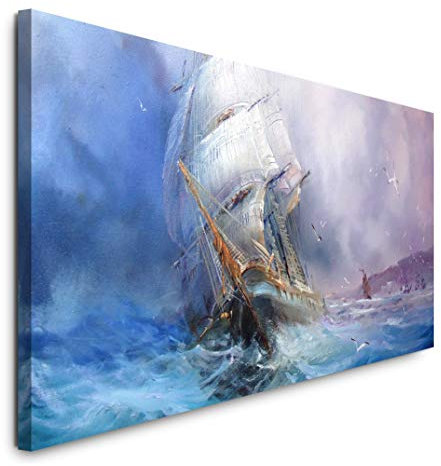 Paul Sinus Art GmbH Gemälde mit Segelschiff 120x 50cm Panorama Leinwand Bild XXL Format Wandbilder Wohnzimmer Wohnung Deko Kunstdrucke