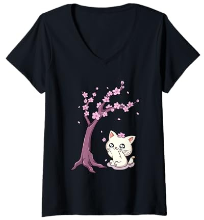 Femme Chat Kawaii Fleur de Cerisier Japonais Anime Sakura Chaton T-Shirt avec Col en V