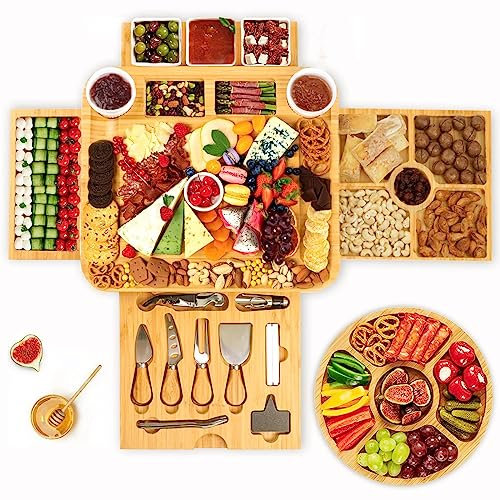 Juego de tablas de charcutería de bambú y juego de cuchillos, bandeja de queso, juego de tablas magnéticas para charcutería, 15 x 13 x 2 pulgadas para queso, carne, fruta, regalo para cumpleaños,