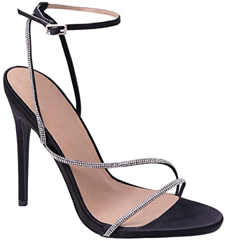 Womens High Heels Diamante Strappy Open Toe Heel Ladies Ankle Strap Sexy Party Evening Occasion Dressy Heeled Shoes Peep Toe Comfort Sandals