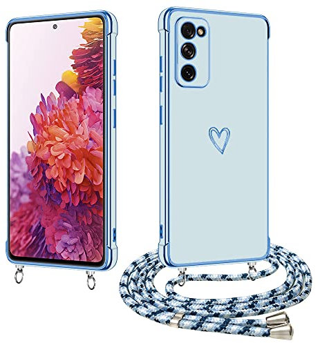 E-Lush Handyhülle für Samsung Galaxy S20 FE Hülle mit Band, Handy Hülle für Samsung S20 FE mit Kette Schutzhülle Herz Muster Galvanik Silikon Stossfest Case mit Kordel zum Umhängen, Blau