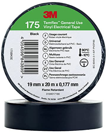 3M Temflex Isolierband, Vinyl Schwarz, 0.178mm x 19mm x 20m bis +90°C