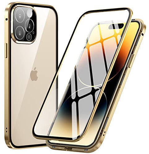 MIMGOAL for iPhone 14 Pro Max Magnetic Case 360 Degree Full Body Cover, Front and Back Tempered Glass Transparent Cover, Shockproof Protective Metal Bumper [Built-in Camera Protector], Gold