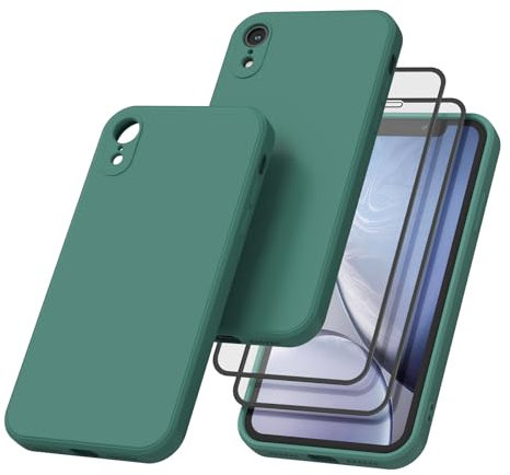 AK Coque pour iPhone XR Ultra Silicone et 2 × Verre trempé pour iPhone XR Film Protection écran, Étui de Protection Complète du Corps au Toucher Soyeux et Film Protection pour iPhone 11(Vert)