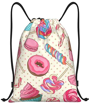 Djnni Süßer Lollipop Cupcake Kordelzug Tasche, leichter Turnrucksack, großes Fassungsvermögen, Reisen, Yoga-Studio, Schwimmen, Strand, Unisex, Süßer Lollipop-Cupcake, M