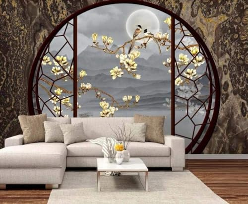 MIWEI Wallpaper Papier Peint Porte Ronde Fenêtres Paysage Fleurs Et Oiseaux Papier Peint Intissé Tapisserie Murales Chambre Salon (380cmX265cm)