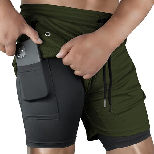 UGW Herren Gym Workout Running Shorts 2 in 1, Grün , Mittel
