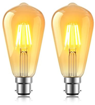 Vintage Edison Bayonet LED Light Bulb, Bayonet Cap ST64 Decorative Bulbs, CRI 90+ Retro Amber Glass, 4W(40W Equivalent), 2700K Warm White, Non Dimmable, 2 Pack