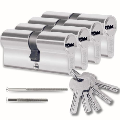 Lot de 4 cylindres 40/40 mm à double serrure – 8 vis – 10 clés incluses – Montable facilement – Clé universelle pour tous les cylindres – Longueur 80 mm
