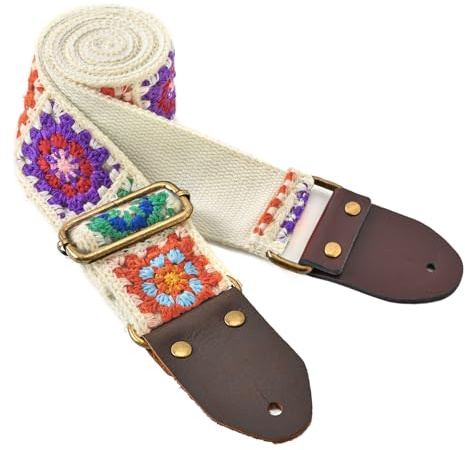 SHEING Gitarrengurt, Häkelblumen-Gitarrengurte mit Lederenden für Akustik-, Bass-, E-Gitarre, 5,1 cm breit (Häkel-Beige 02)