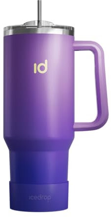 IceDrop® XXL Thermo Cup 1.2L für 12 Stunden kalte oder heiße Getränke I 100% auslaufsicherer Thermobecher mit Strohalm I robuste Trinkflasche mit Strohhalm und Griff I Tumbler Cup - Lila Blau