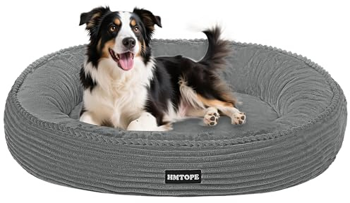 HMTOPE Hundebett Mittelgroße Hunde, Katzenbett Waschbar, Ø80cm Mittelgrau | Kuscheliges Hundekissen, Cord Hundekorb, Donut Hundesofa zur Bekämpfung von Angstzuständen, Abnehmbar Bezug & Rutschfest