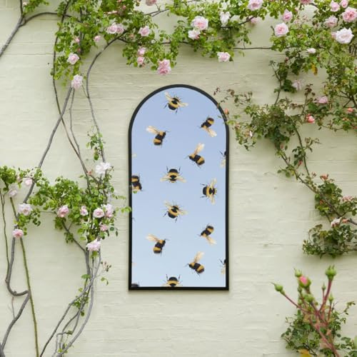 MirrorOutlet The Typis - Black Metal Frame Edged Modern Round Arch Edge Garden Wall Mirror With Colour Bumble Bee Printed Decal 47 x 24 (120CM X 60CM) Silver Mirror Glass with Black Frame