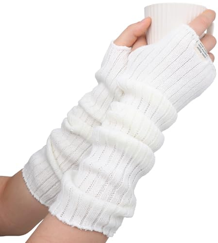 ZEYIYER Damenhandschuhe Winter Lange Fingerlose Handschuhe, 39 cm Weiße Armwärmer, Strick-Handschuhe Ohne Finger für Damen, Unisex Armstulpen für Herbst und Winter, Daumenloch Armwärmer