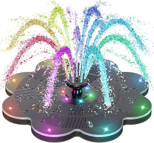 SZMP Solar Springbrunnen LED, 2026 3.5W 2000mAh Akku - 14 Bunte Lichter - Solarbrunnen, 7 Effekte & 4 Fixe Rohre Solar Wasserpumpe, Solar Schwimmender Solarbrunnen für Draussen, Vogel-Bad