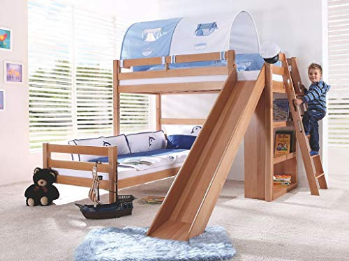 Froschkönig24 Etagenbett Sky Kinderbett mit Rutsche Spielbett Bett Natur Stoffset Blau/Boy