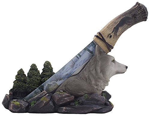 Dekoratives graues Wolf Jagdmesser mit Edelstahlklinge für rustikale Kabine & Lodge, Dekoration, als Regal, Kamin, Schreibtisch oder als Geschenk für Jäger und Outdoorsmänner