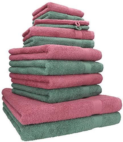 Betz 12-TLG. Handtuch Set Premium 100% Baumwolle 2 Duschtücher 4 Handtücher 2 Gästetücher 2 Seiftücher 2 Waschhandschuhe Beere/tannengrün