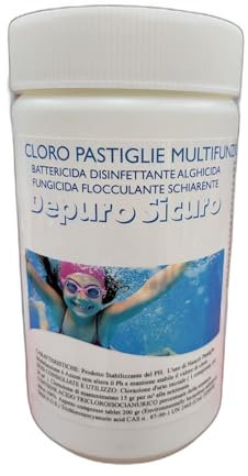 Depuro Sicuro kg 1 Cloro Multifunzione 6 Azioni pastiglie 200 Gr Battericida, Disinfettante, Alghicida, Fungicida, Flocculante, Schiarente, Stabilizzante del Ph