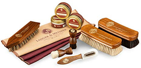 Langer & Messmer kit cirage de chaussures y compris des crèmes d'entretien pour le cuir et des brosses à chaussures de haute qualité en crin de cheval et en poil de chèvre de 12 pièces