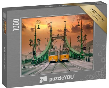 puzzleYOU: Puzzle 1000 Teile „Zwei gelbe Trams auf der Freiheitsbrücke, Budapest, Architektur des Jugendstils“ – aus der Puzzle-Kollektion Straßenbahnen