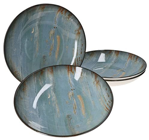 Bonna Madera Mint ENVISIO 4er Set Suppenteller 25 cm I Beilagen-Schüssel I Tiefe Suppenschalen ofenfest I Soup-Bowl Pastateller I Premium-Porzellan Spaghetti-Teller Vintage in Holzoptik mit 3D-Effekt