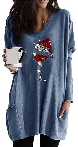 OMZIN Womens Christmas Color Block Pullover Sweatshirts Langarm Netter Grafikdruck Rundhalsausschnitt Tops Winter Lustiges Nettes Weihnachtshemd Weinglas Blau XXL