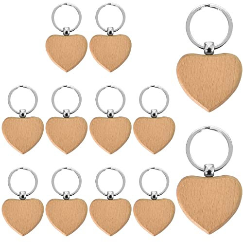 12 Stücke Schlüsselanhänger Holz, Personalisiert Herzförmig Naturholz Blanko Schlüsselbund Holzanhänger mit Ring DIY Schlüsselring Holz für Schlüssel Handtasche Geldbörse Geschenk Bemalen