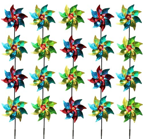 20 Pcs Holographic Rainbow Pinwheels, Reflective Bird Repellent Windmill Wind Spinners, Kids Outdoor Party Pinwheels, DIY Pinwheels Set for Garden Lawn Decor, Random Colour