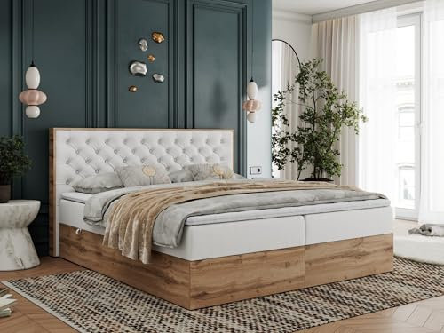 MKS MEBLE Boxspringbett 200x200 mit Bettkasten Holz Holzrahmen, Boxbett 200x200 mit Matratze H3 und Kopfteil - Weiß Kunstleder - Albero-3