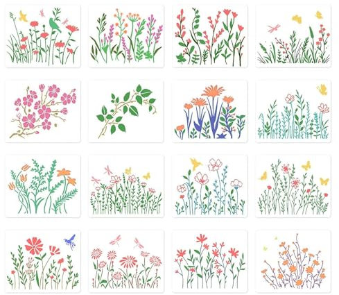 Blumen Stencil Schablonen Malen 16 Stück Malschablonen Blumen Blätter Malerei Schablone Zeichenschablonen für Scrapbooking Wand