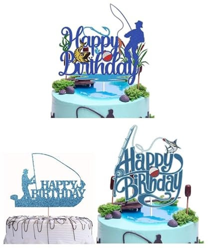 FOPSDGN Fish Cake Topper Gone Fishing Cake Decoration Fishermen Bait Angling Boat Themed Happy Birthday Cake Decoration for Men Boy Baby Bobber Fish Little Fisherman Themed